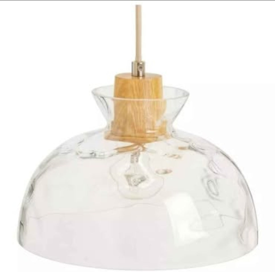 Habitat Vanern Dimple Glass Wood Pendant Light Clear Adjustable Drop E27 LED x1