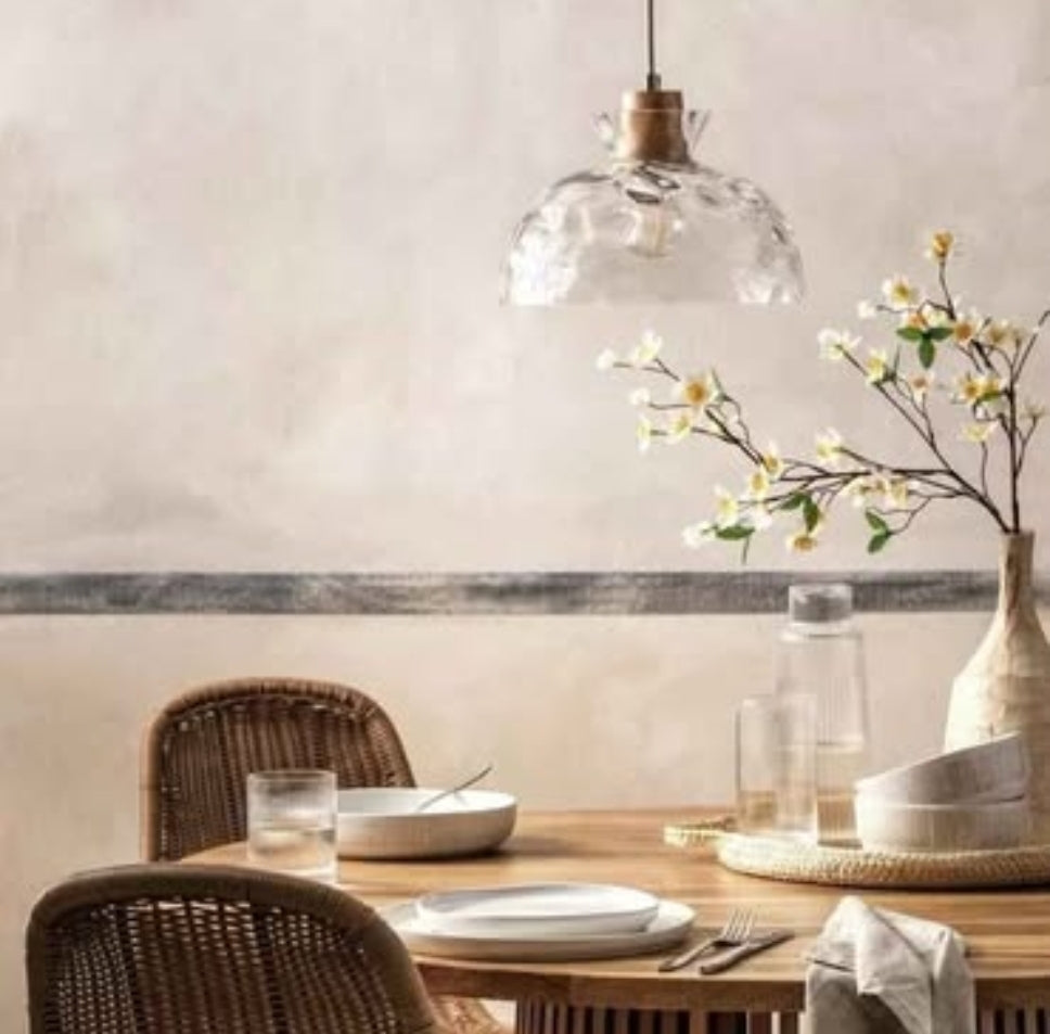 Habitat Vanern Dimple Glass Wood Pendant Light Clear Adjustable Drop E27 LED x1